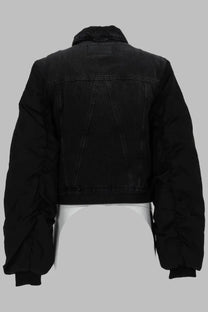 Ganni women’s giacca in denim black black denim jacket with cropped silhouette and puffed sleeves front view