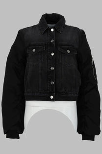 Ganni women’s giacca in black denim with silver buttons and a zippered sleeve detail