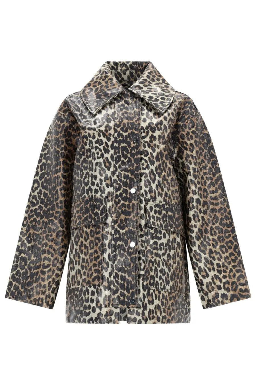 Ganni women’s giacca laminata leopard print trench coat with glossy faux-leather finish and classic button closure