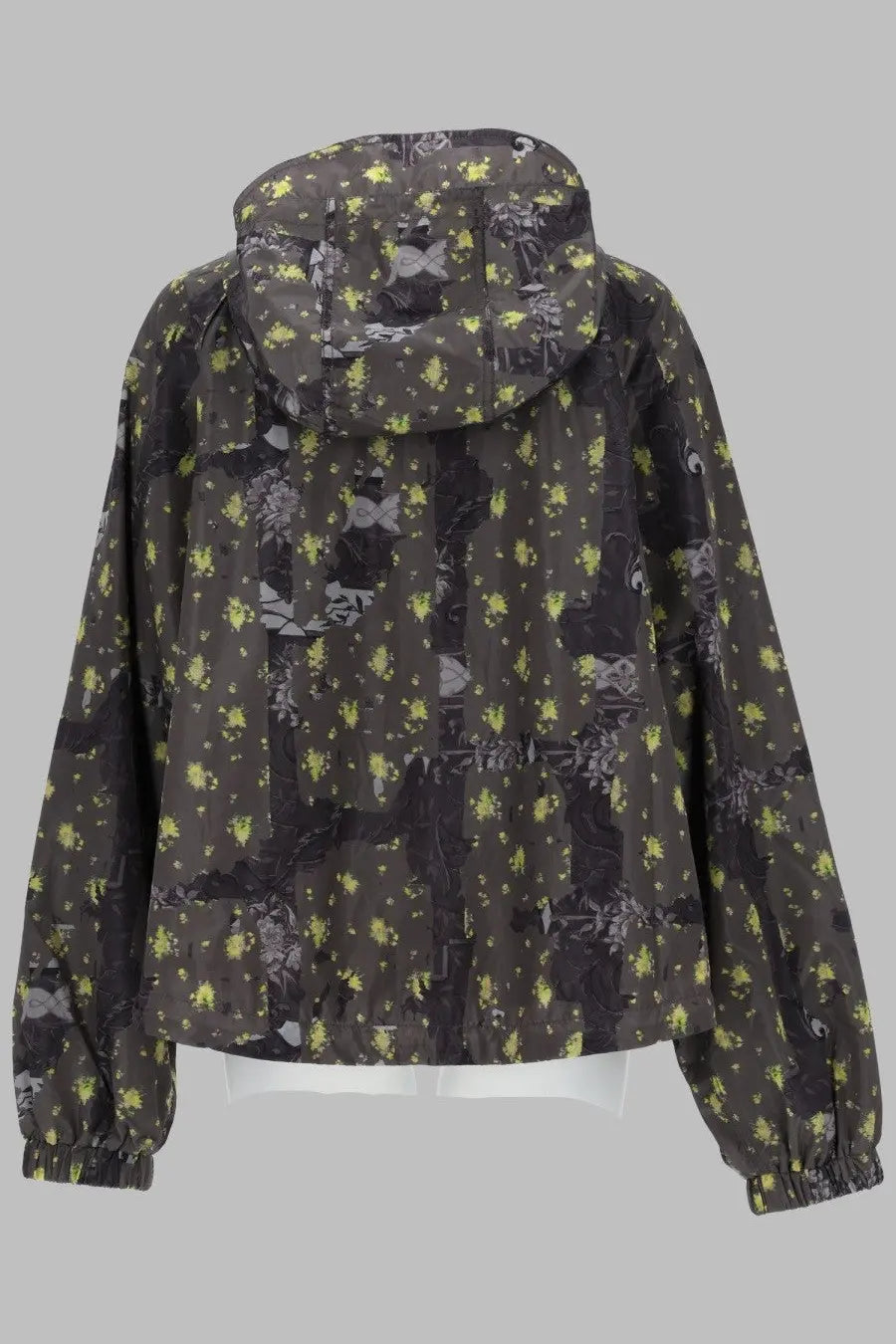 Ganni women’s giacca in nylon leggero con stampa grey dark olive-green hooded jacket with yellow floral and abstract graphics
