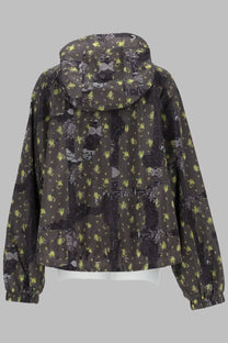 Ganni women’s giacca in nylon leggero con stampa grey dark olive-green hooded jacket with yellow floral and abstract graphics