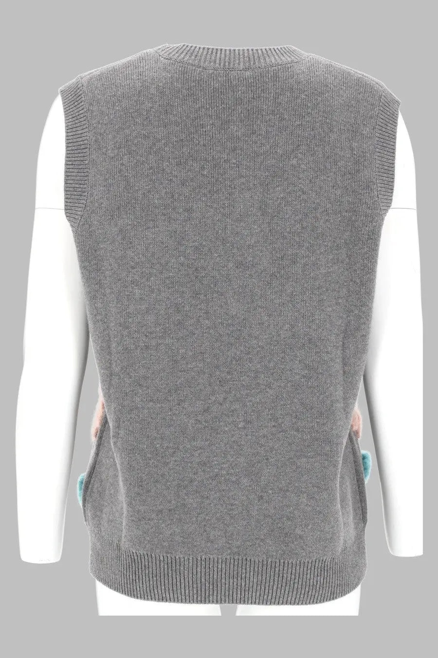 Ganni women’s grey knit sleeveless vest with ribbed trim and pastel-colored patch pockets in floral design