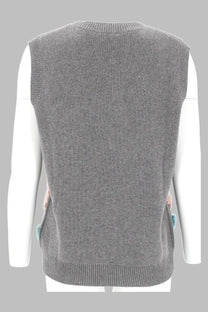 Ganni women’s grey knit sleeveless vest with ribbed trim and pastel-colored patch pockets in floral design
