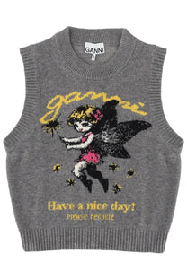 Gray ganni women’s knit vest with whimsical fairy design, yellow and black sequined wings, pink accents, and gold lettering