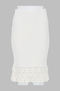 Ganni women’s white ribbed knit midi skirt with delicate floral lace trim at hem made of crochet material