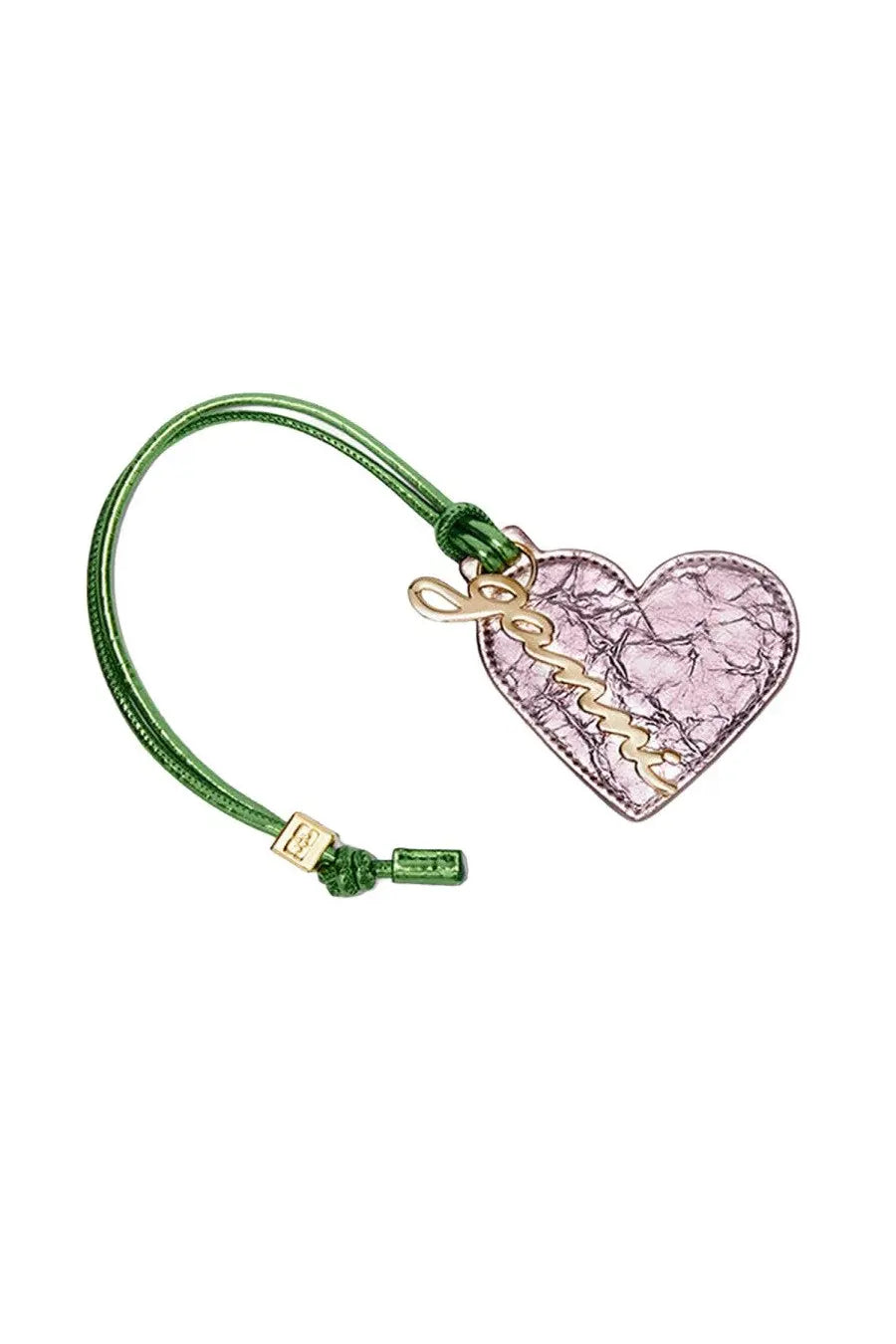 A delicate green cord bracelet with a pink textured heart charm and gold-tone cursive lettering by Ganni