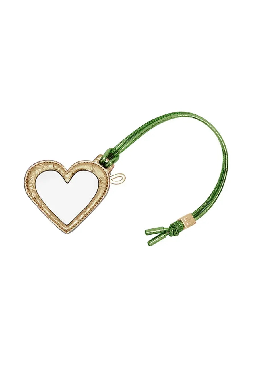 Ganni women’s heart mirror keychain with gold-toned textured frame and green cord attached in blue color