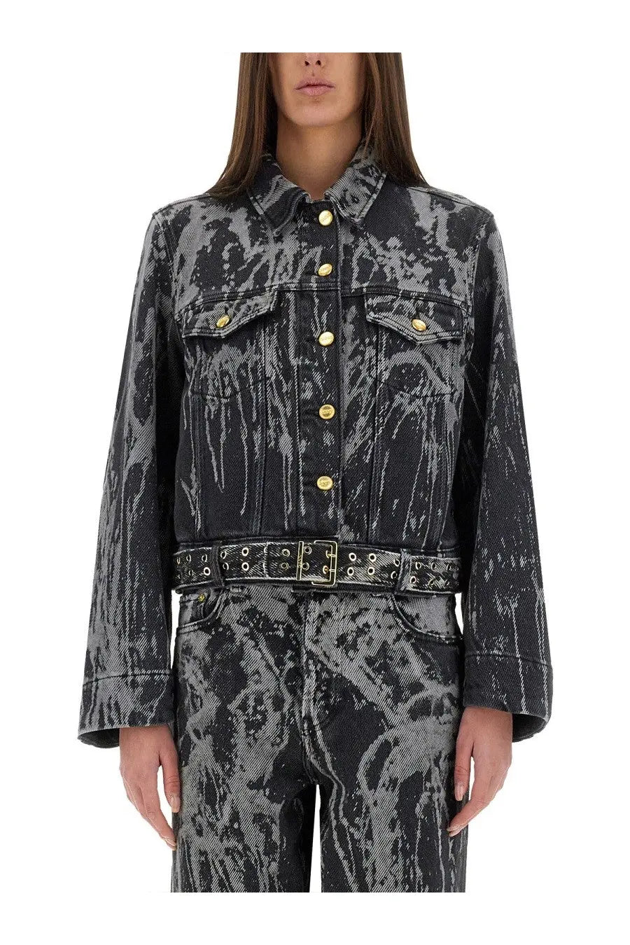 Ganni women’s heavy denim jacket in black with gray tie-dye and gold-tone buttons front view