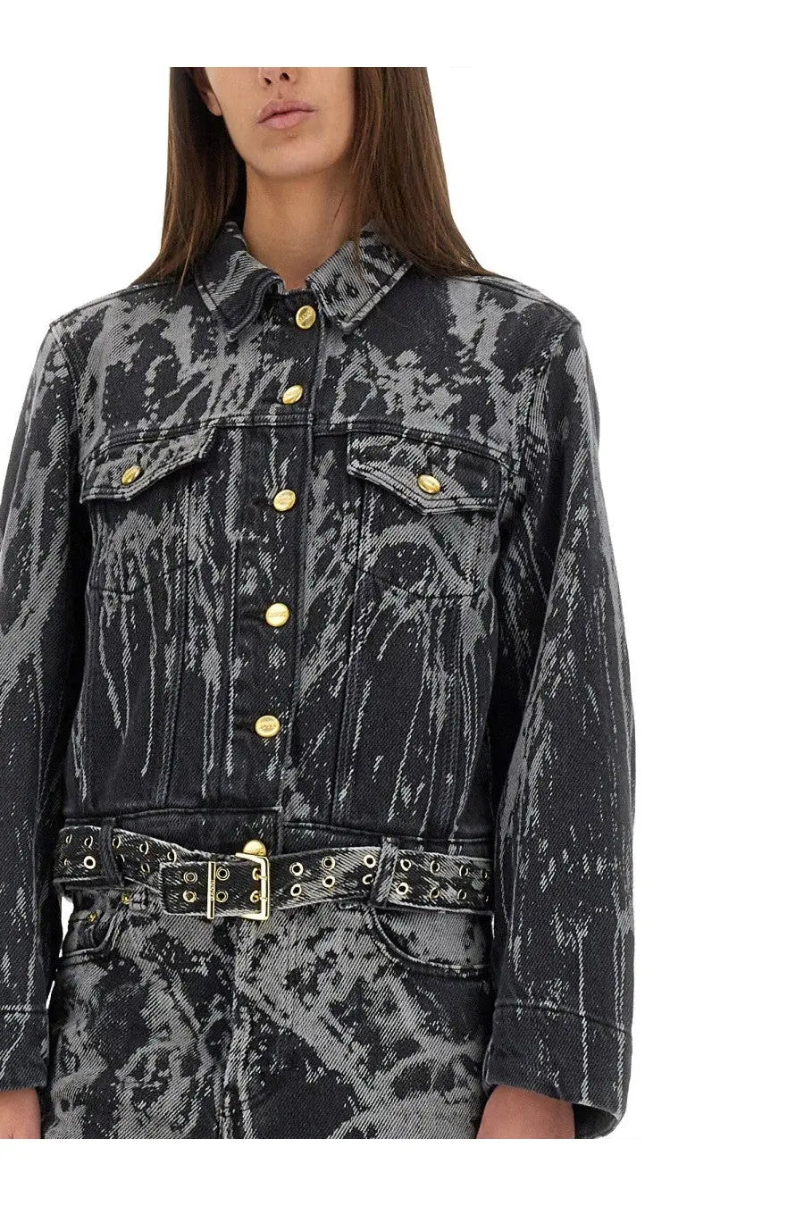 Ganni women’s heavy denim jacket black with black and gray tie-dye pattern and gold-tone buttons