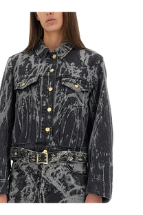 Ganni women’s heavy denim jacket black with black and gray tie-dye pattern and gold-tone buttons
