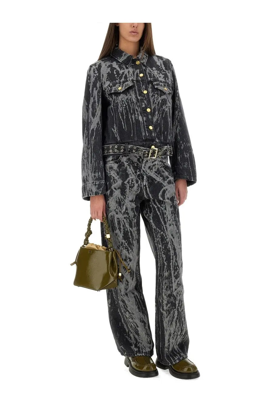 Olive green patent leather bucket bag with braided handle shown with ganni women’s heavy denim jacket black