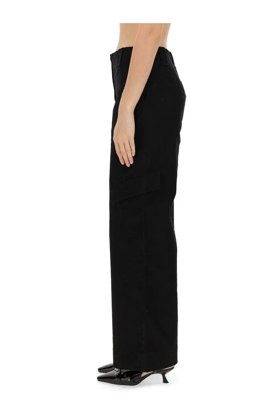 Ganni women’s herringbone black high-waisted wide-leg trousers with sleek straight cut and subtle side pockets