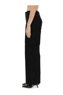 Ganni women’s herringbone black high-waisted wide-leg trousers with sleek straight cut and subtle side pockets