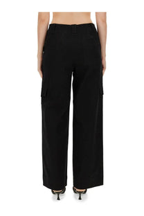 Ganni women’s black herringbone wide-leg cargo pants with side pockets and a straight hem in cotton blend fabric
