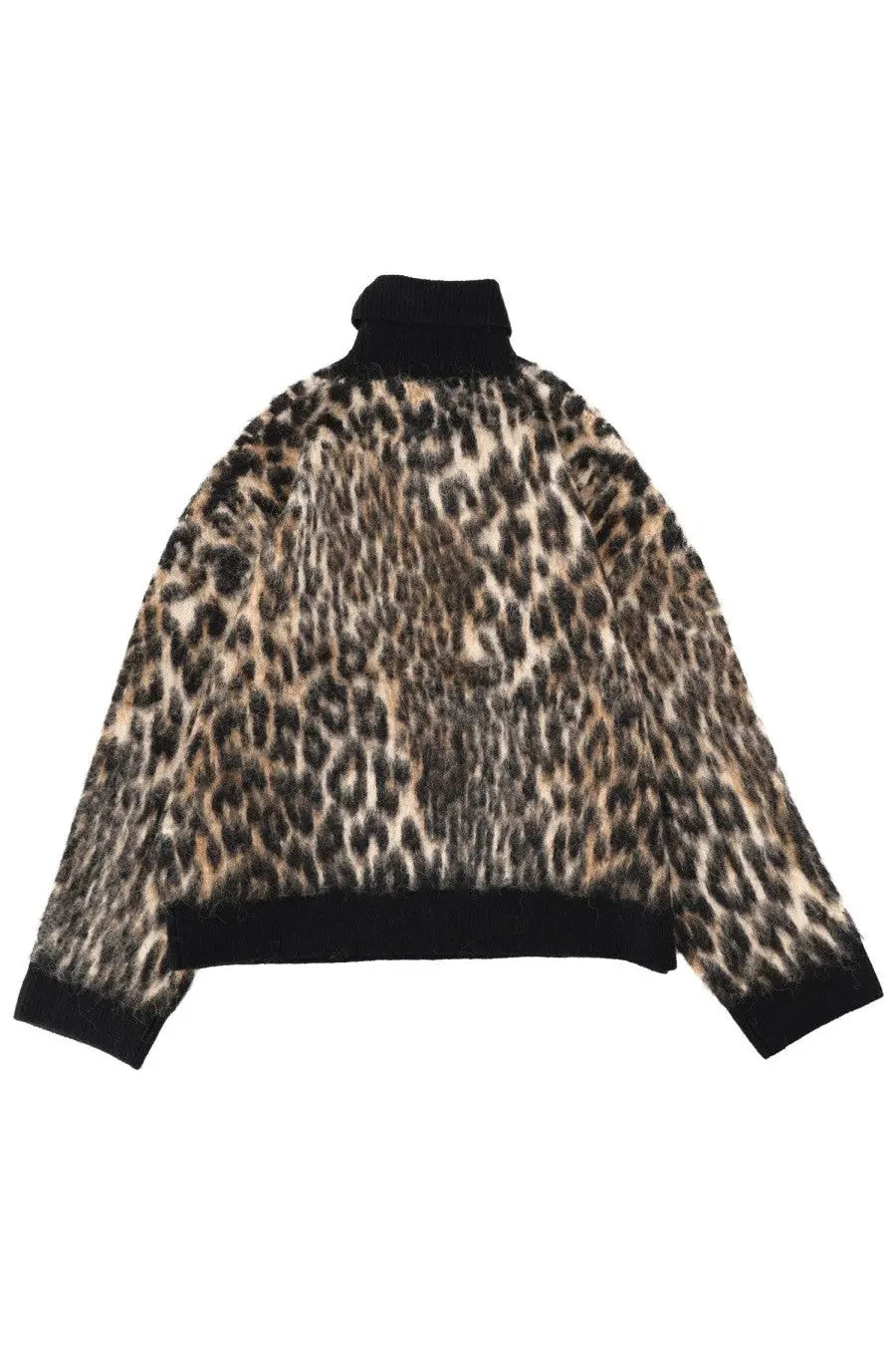 Ganni women’s high collar sweater in fuzzy leopard print with black ribbed cuffs and hem for cozy wear