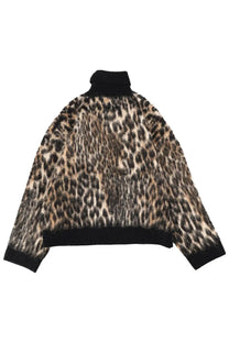 Ganni women’s high collar sweater in fuzzy leopard print with black ribbed cuffs and hem for cozy wear