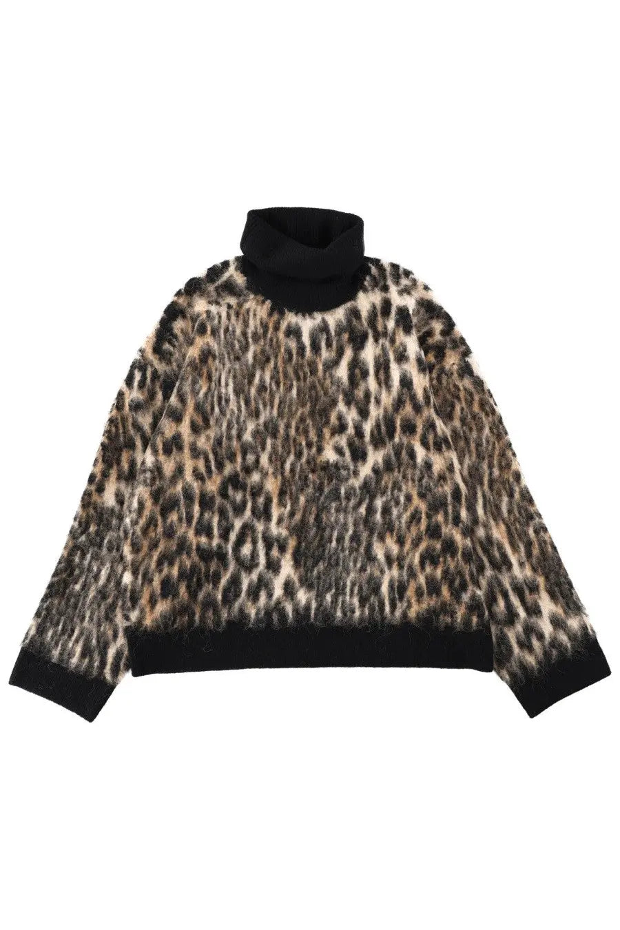 Ganni women’s fuzzy leopard-print high collar sweater with black ribbed cuffs and hem in soft knit material