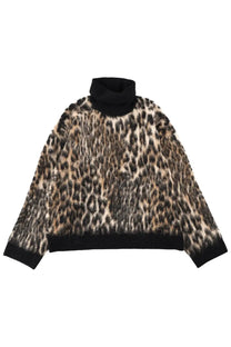 Ganni women’s fuzzy leopard-print high collar sweater with black ribbed cuffs and hem in soft knit material