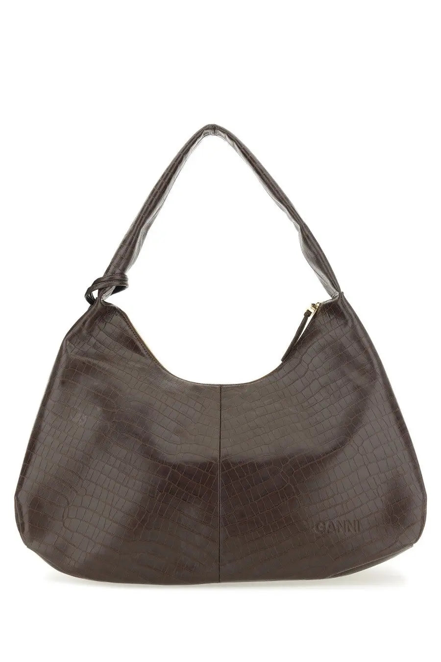 Ganni women’s hobo bag croco xxl brown in dark brown crocodile embossed leather with subtle ganni logo on front