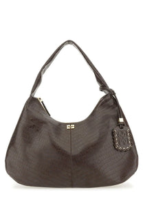 Dark brown crocodile embossed leather hobo bag with gold tone hardware and studded tag by ganni
