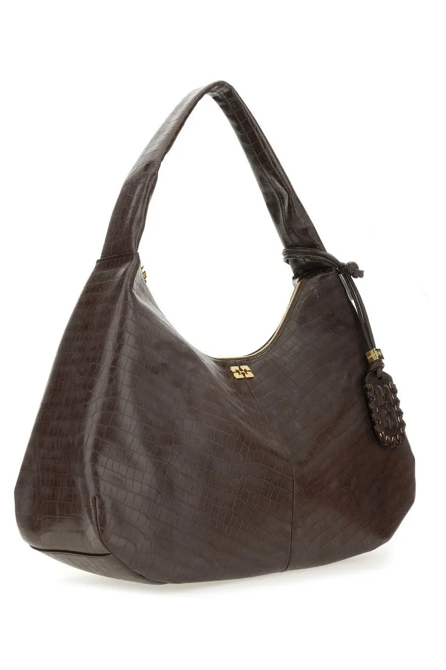 Ganni women’s hobo bag croco xxl brown dark brown crocodile embossed leather with gold tone hardware and tassel