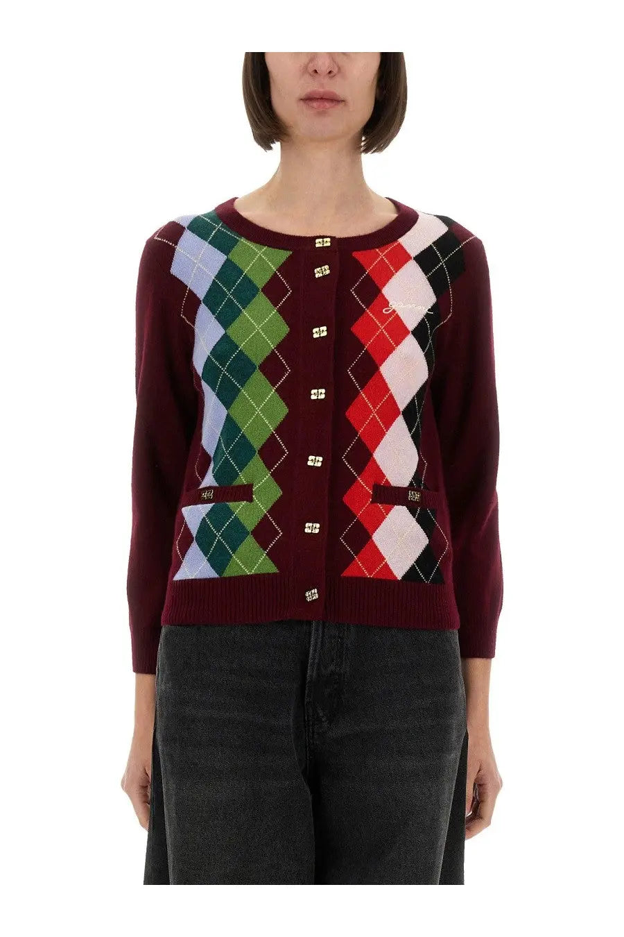 Ganni women’s jacquard cashmere cardigan in maroon with colorful argyle diamonds and gold-tone buttons down the front
