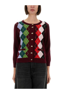 Ganni women’s jacquard cashmere cardigan in maroon with colorful argyle diamonds and gold-tone buttons down the front
