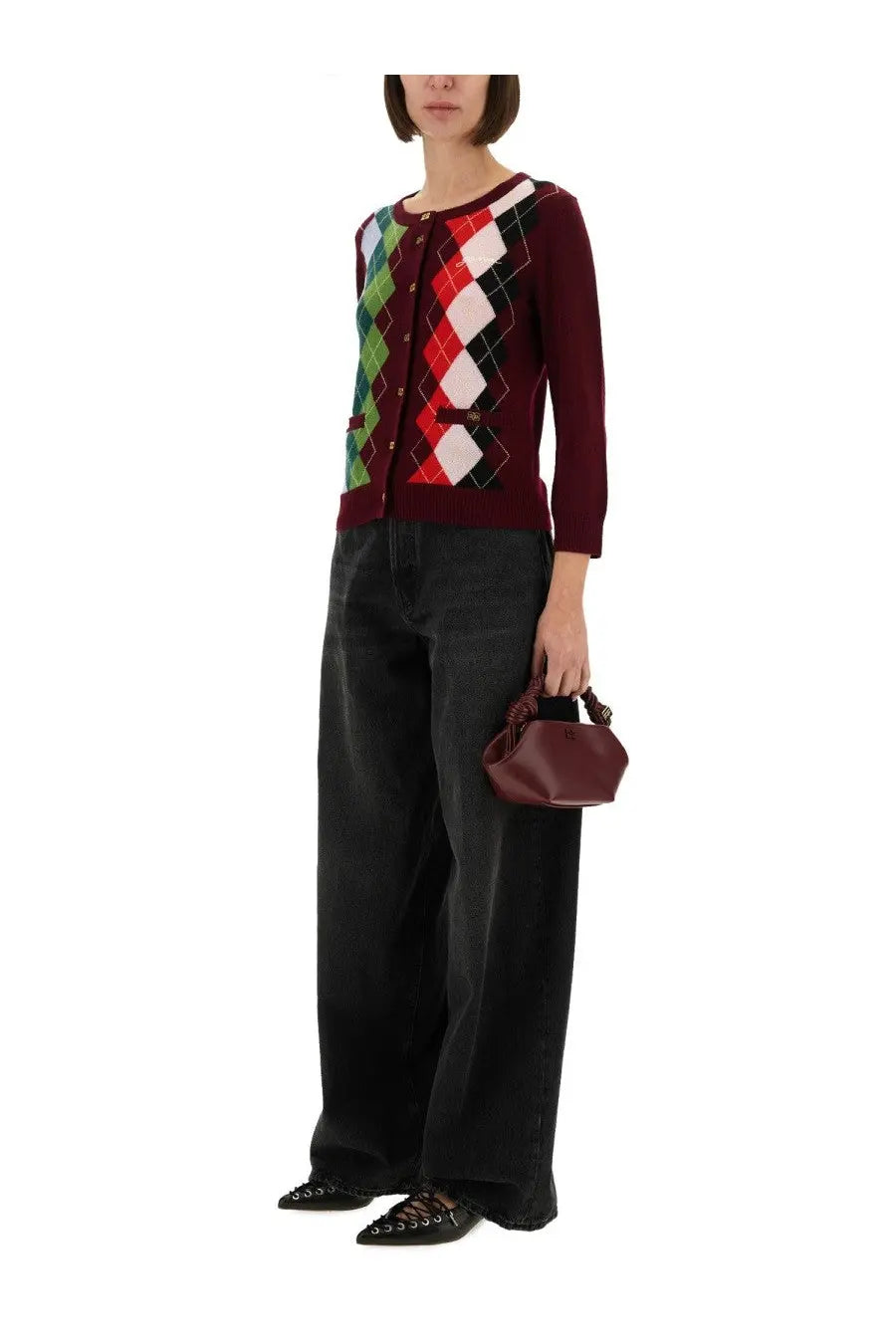Ganni women’s jacquard cashmere cardigan in maroon with red green and white argyle knit diamond pattern