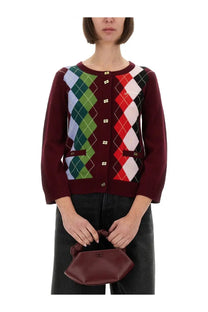 Maroon leather mini handbag with braided handles and a minimalist logo plaque shown with ganni women’s jacquard cashmere cardigan multicolor