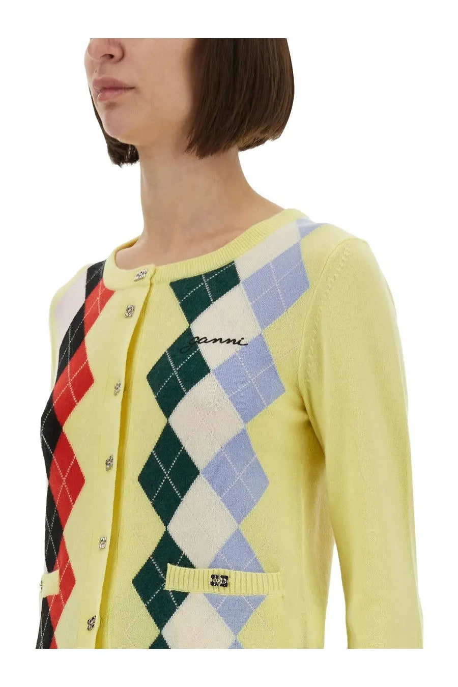 Ganni women’s jacquard cashmere cardigan in pale yellow with bold red black green and light blue argyle pattern