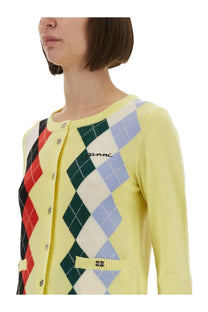 Ganni women’s jacquard cashmere cardigan in pale yellow with bold red black green and light blue argyle pattern