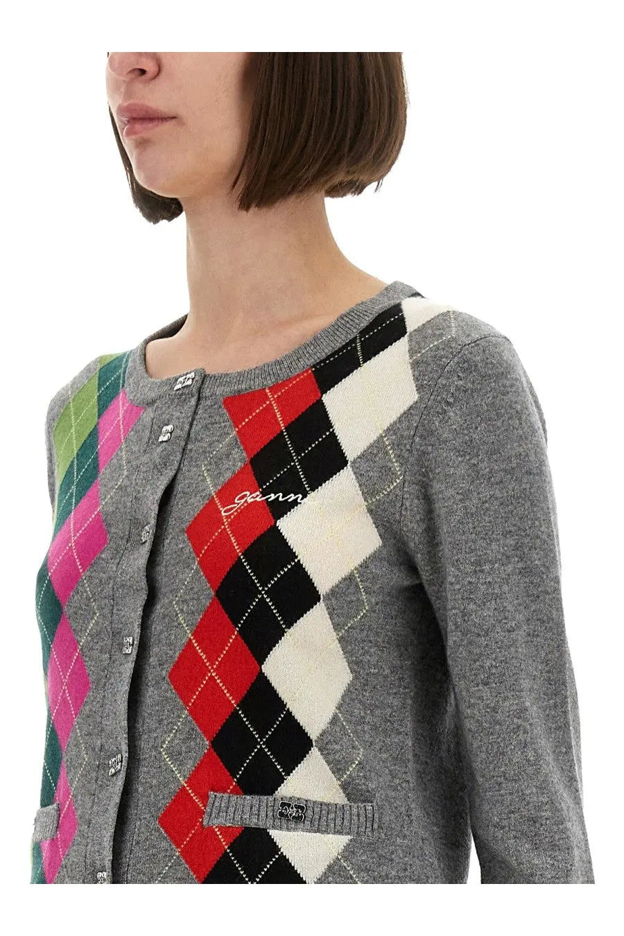 Ganni women’s jacquard cashmere cardigan in purple with bold gray argyle patterns and pink green striped shoulders