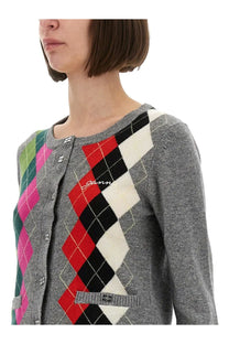 Ganni women’s jacquard cashmere cardigan in purple with bold gray argyle patterns and pink green striped shoulders