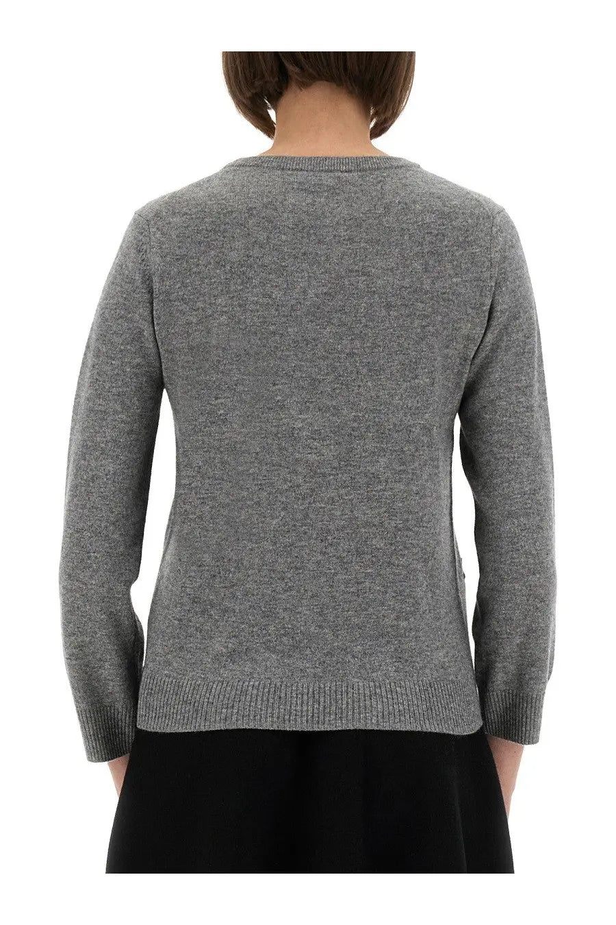 A soft heather gray knit sweater with classic crew neck and ribbed cuffs in ganni womens jacquard cashmere cardigan purple