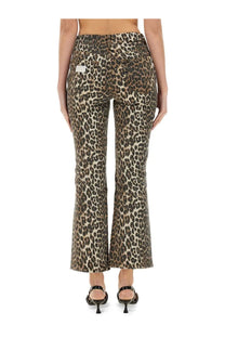 Ganni women’s leopard-print flared jeans in washed denim fabric with animalier pattern front view