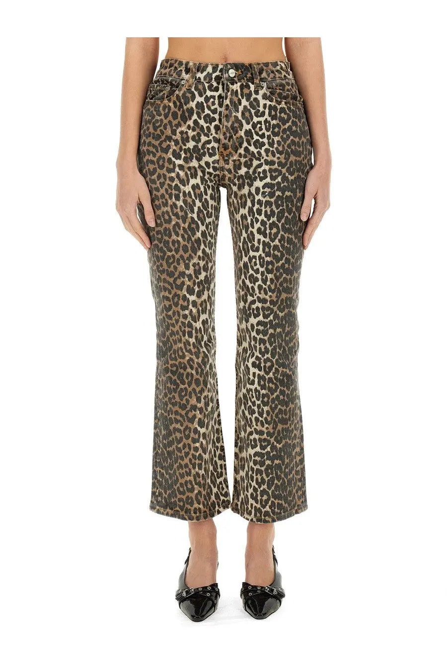 Ganni women’s jeans leopard-print high-rise flare jeans in washed denim fabric showing front side