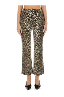 Ganni women’s jeans leopard-print high-rise flare jeans in washed denim fabric showing front side