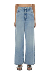 Ganni women’s baggy blue jeans in light-wash denim with high-rise wide legs five-pocket design and frayed hems