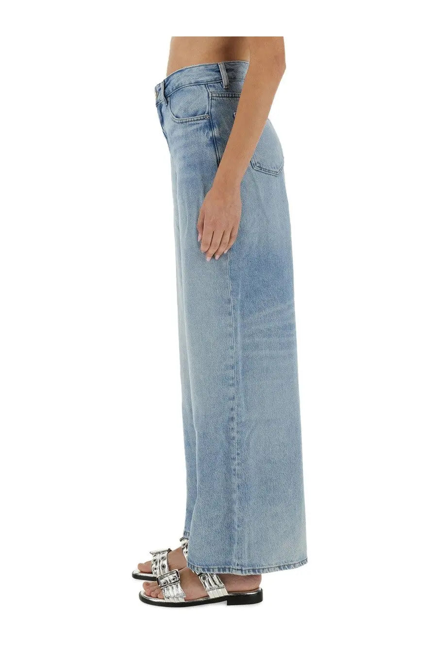 Light-wash denim wide-leg trousers with classic five-pocket design and frayed hem from Ganni womens jeans baggy blue