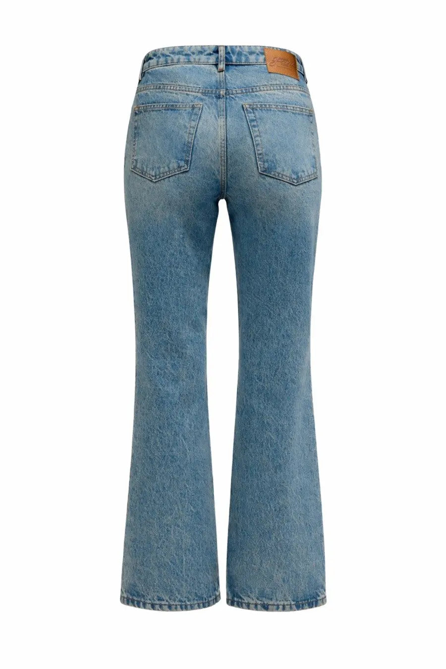 Back side of ganni women’s jeans betzy blue light-wash denim flare jeans with classic pocket and brown leather patch