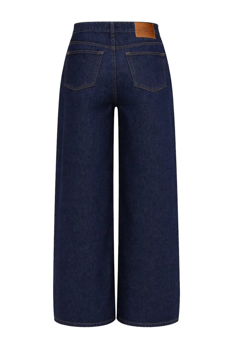 Dark blue denim wide-leg jeans with brown leather brand patch at waistband showing back side by ganni women