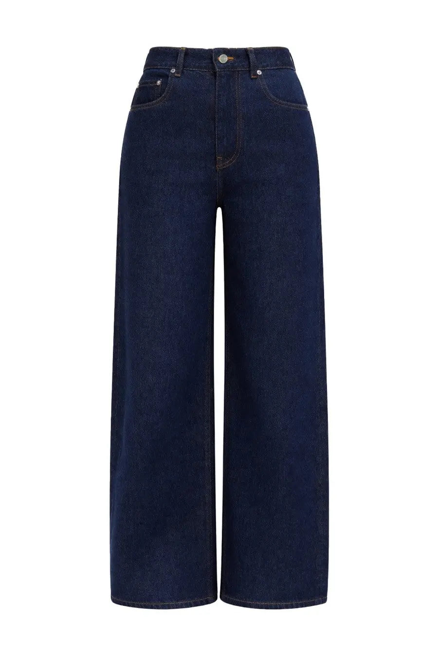 Ganni women’s jeans Izey blue dark indigo denim wide-leg trousers with high waist and classic five-pocket design