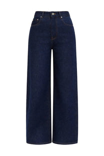 Ganni women’s jeans Izey blue dark indigo denim wide-leg trousers with high waist and classic five-pocket design