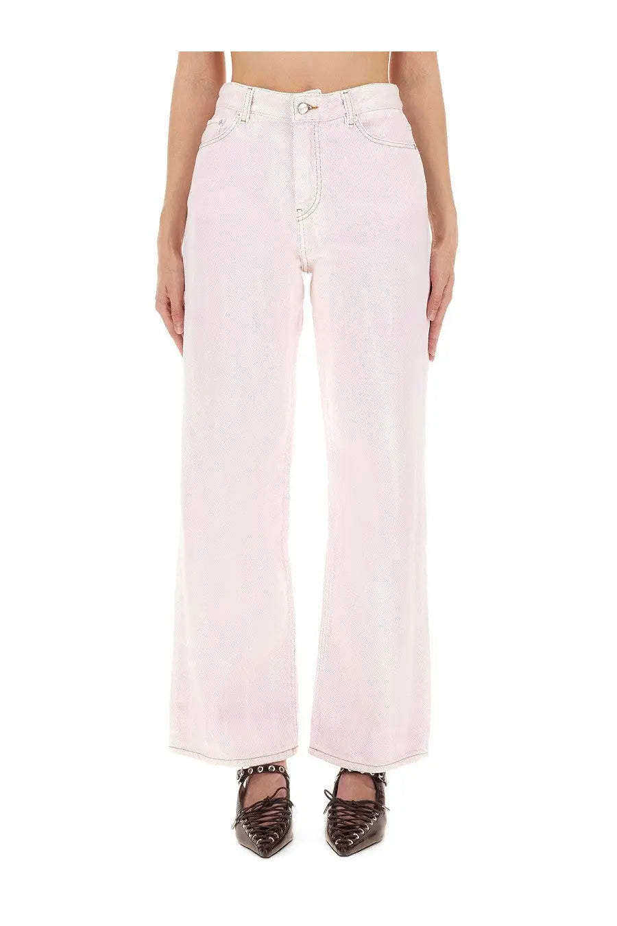 Pale pink high-waisted wide-leg denim trousers by ganni womens jeans suitable for casual wear