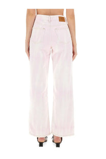 Pale pink wide-leg denim jeans with brown leather brand patch at waistband from ganni women’s jeans izey blue collection