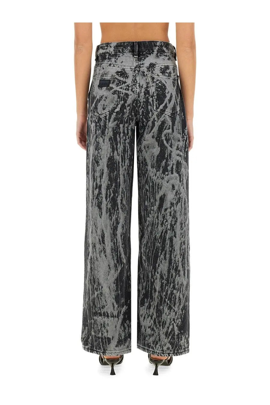 Ganni women’s Izey multicolor jeans in black and gray tie-dye wide-leg design made of denim material
