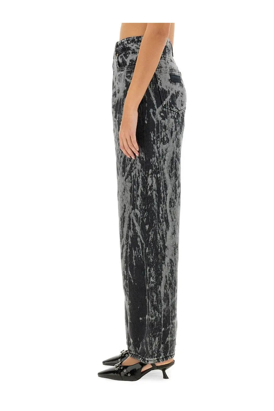 Ganni women’s jeans izey multicolor high waisted black and gray distressed denim with wide leg cut