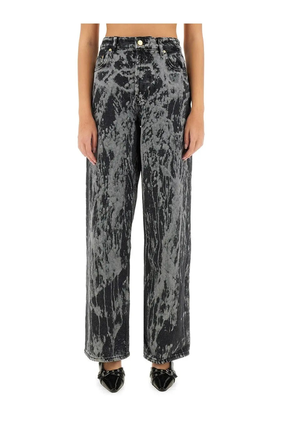High waisted denim jeans with black and gray abstract tie dye pattern from ganni womens jeans izey multicolor
