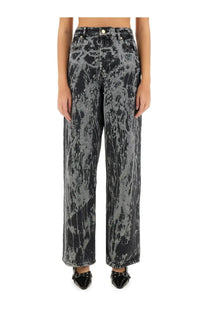 High waisted denim jeans with black and gray abstract tie dye pattern from ganni womens jeans izey multicolor