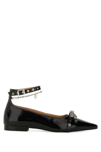 Ganni women’s jewel ballerina black patent leather flat shoe with pointed toe ankle strap and silver chain hardware